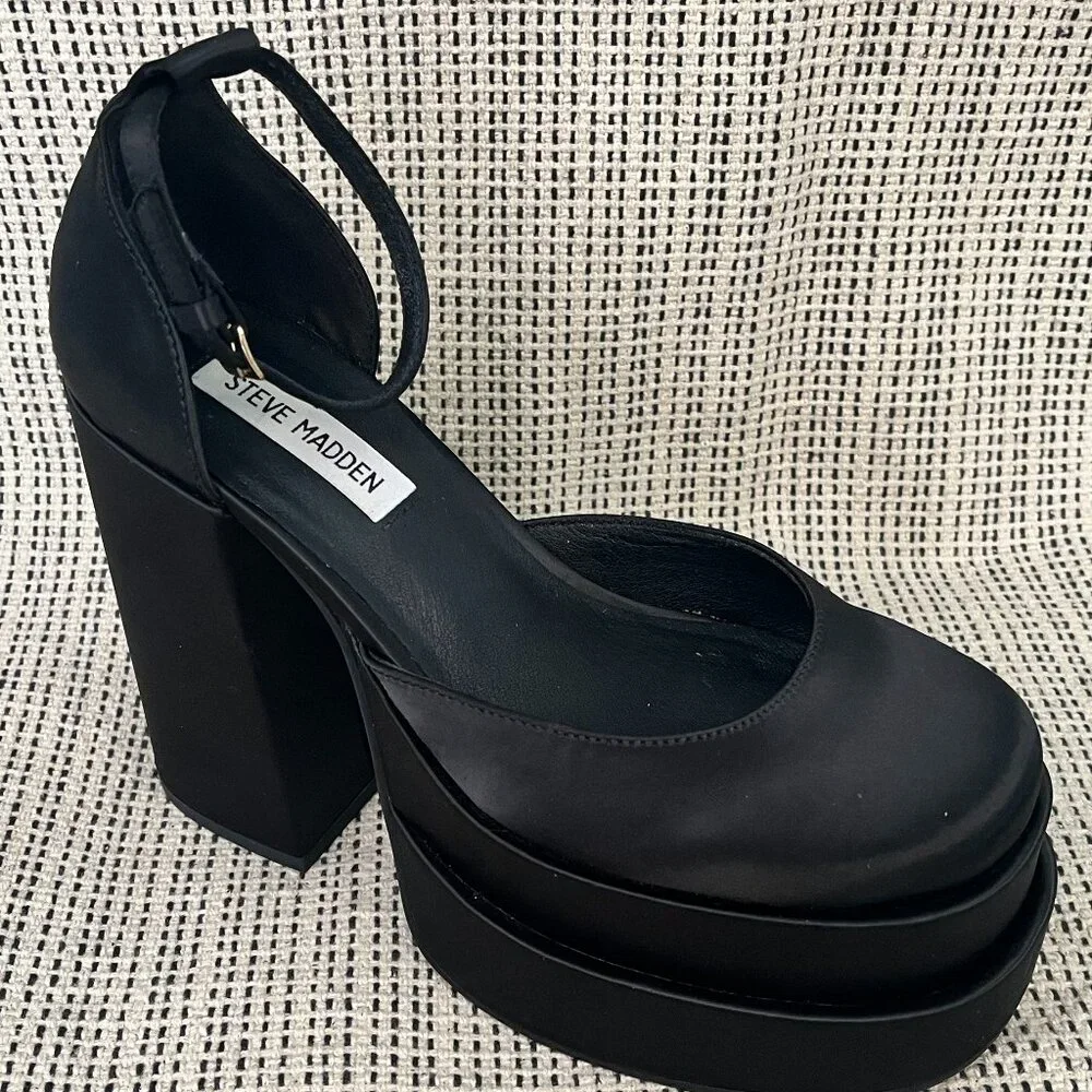 Steve Madden Black Satin Platform Block Heel Pumps